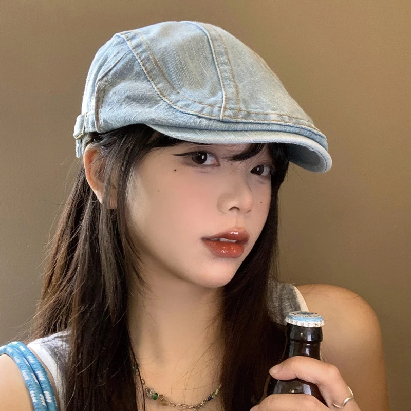 水洗牛仔前进帽女春夏款日系复古显脸小贝雷帽反戴大头围画家帽子