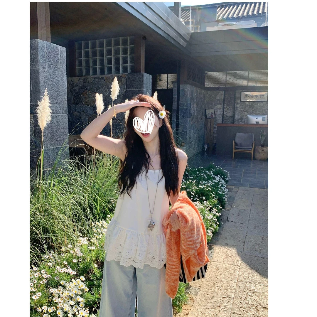 【运补6】叠穿神器白色U领下摆花边吊带背心中长款法式上衣