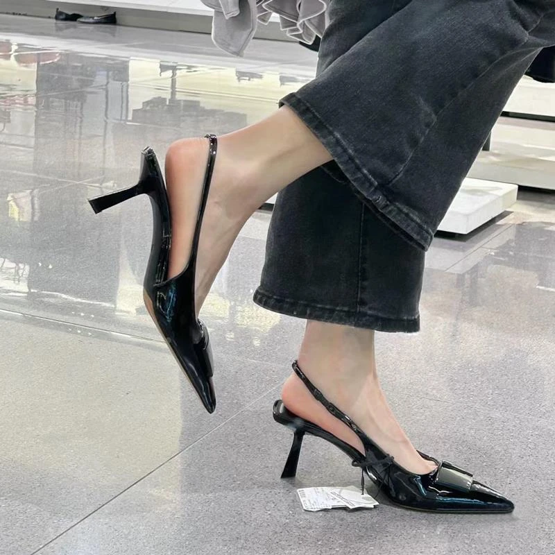 白色尖头穆勒高跟鞋女2024新款百搭网红气质显瘦法式细跟包头单鞋