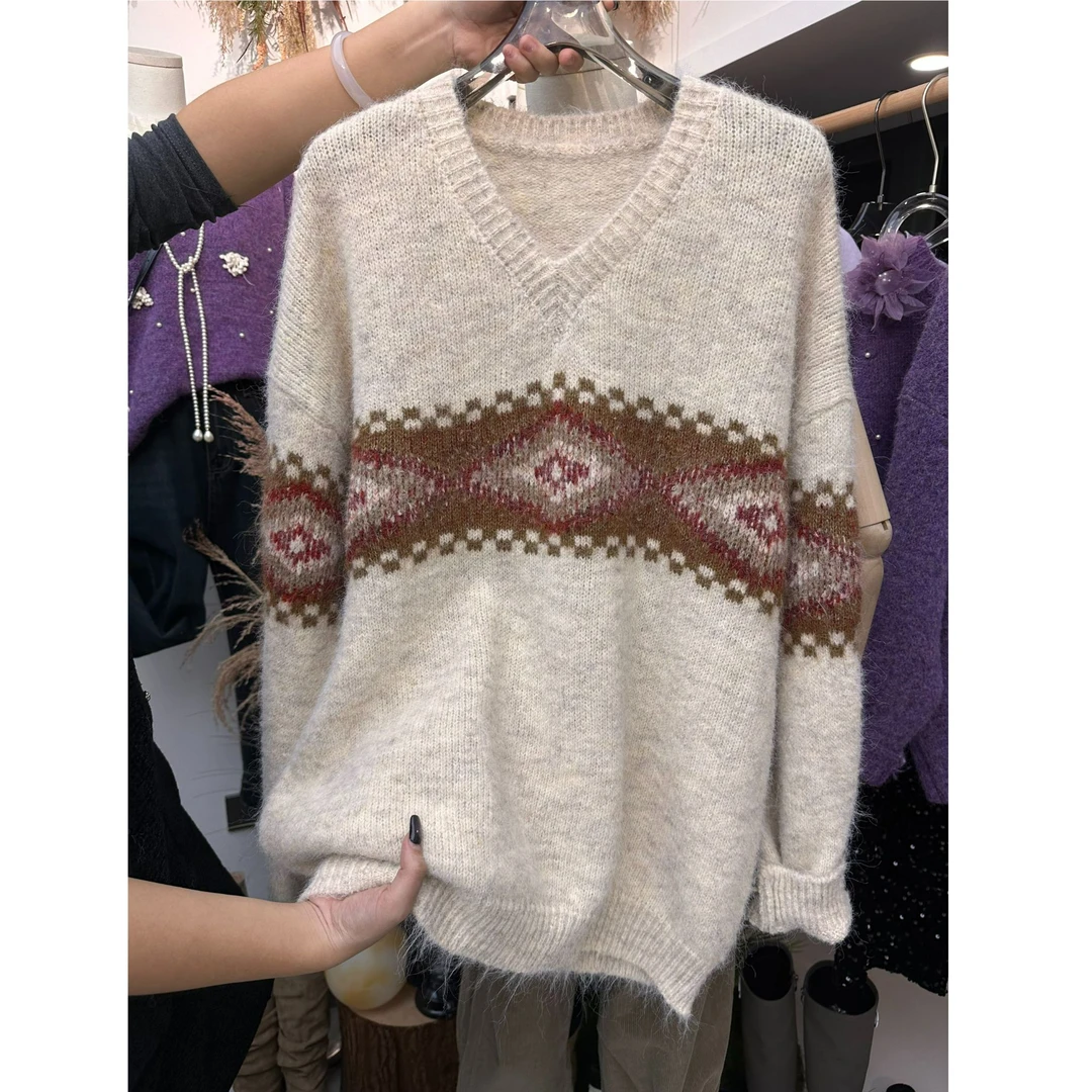 秋冬韩系V领毛衣 费尔岛小众减龄气质复古菱格提花套头针织衫上衣