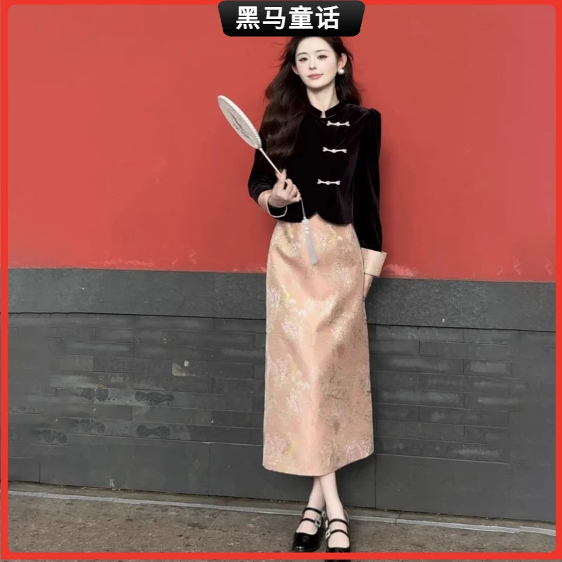 1新中式斜门禁立领上衣半身裙两件套2025年精致两件套装I