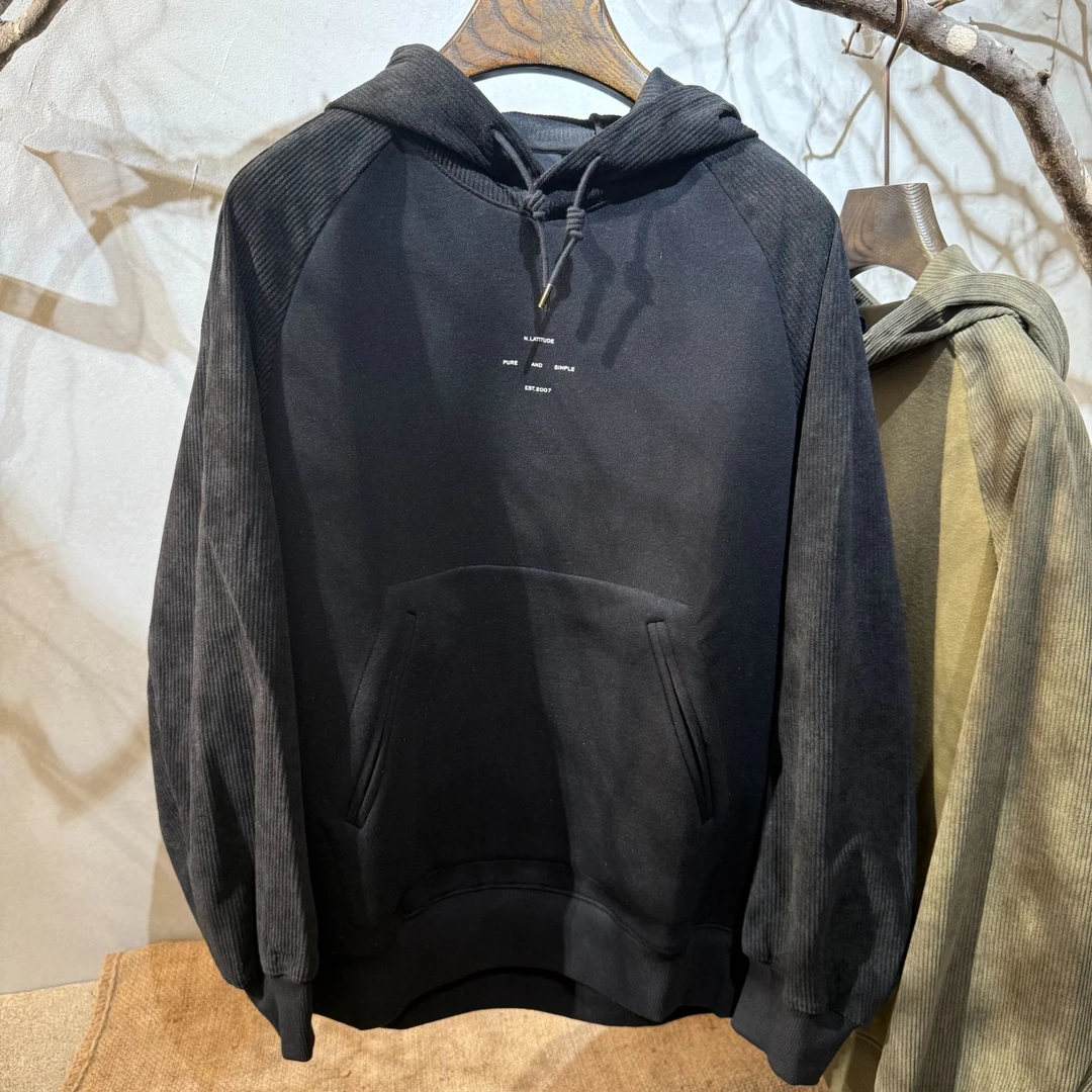 北纬三十度原创设计师男装春季新品灯芯绒拼接绒感带帽连帽卫衣