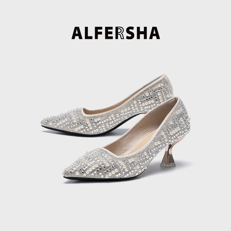 阿芙莎/ALFERSHA手工鞋9776新款时尚尖头软底珍珠细跟高跟鞋B
