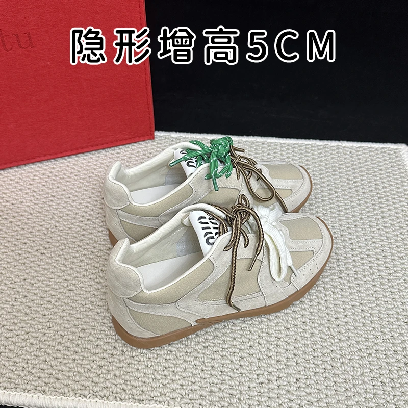 真皮夏季百搭网面miu复古阿甘鞋内增高德训鞋女鞋小个子运动板鞋