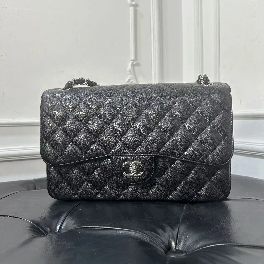 Chanel/香奈儿 单肩包 黑银 荔枝牛 jumbo jm6675/2502