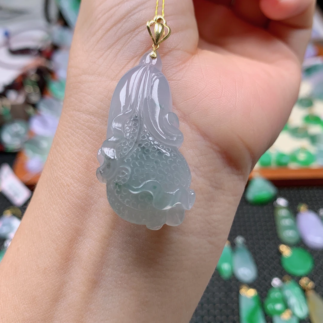 缅甸天然A货翡翠，冰飘花白菜，编号148/1017.尺寸42-20.5-9.4