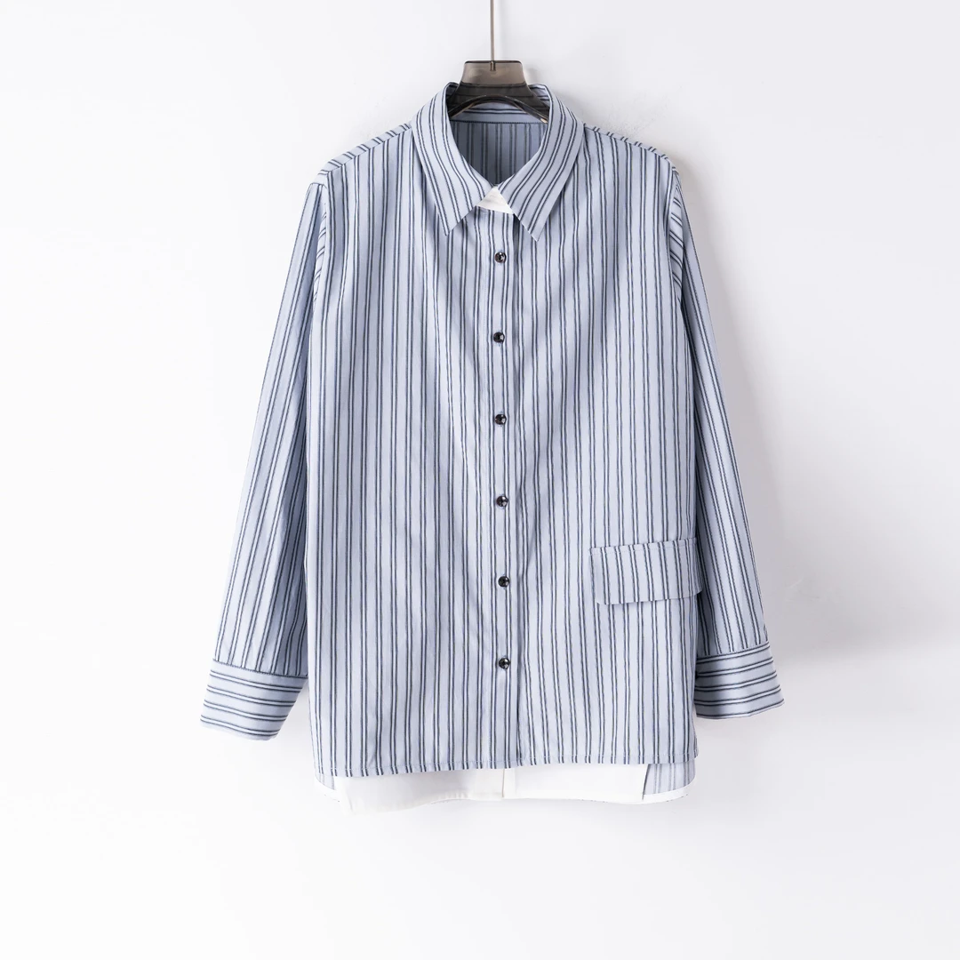 PS241232早春新款大码女装胖mm休闲上衣时尚假两件条纹衬衫显瘦