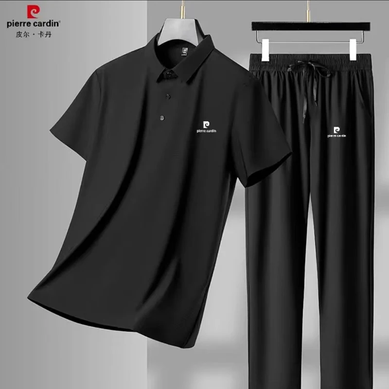 皮尔卡丹中老年男士夏季桑蚕丝短袖套装免烫抗皱运动休闲两件套