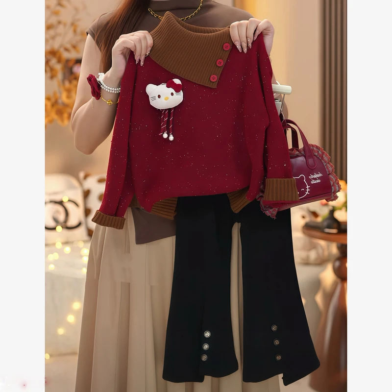 女童套装翻领针织衫喇叭裤秋装2025新款甜美可爱毛衣打底衫两件套