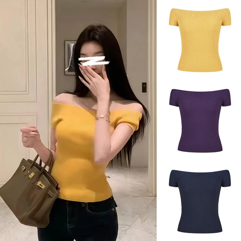 Moses Queen/魔西女王纯欲辣妹一字肩针织上衣多巴胺竖坑条短袖
