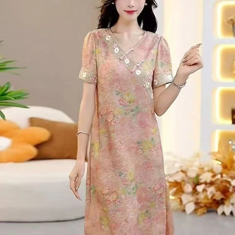 2025夏季新款气质妈妈装裙子显瘦印花新中式大码中国风连衣裙