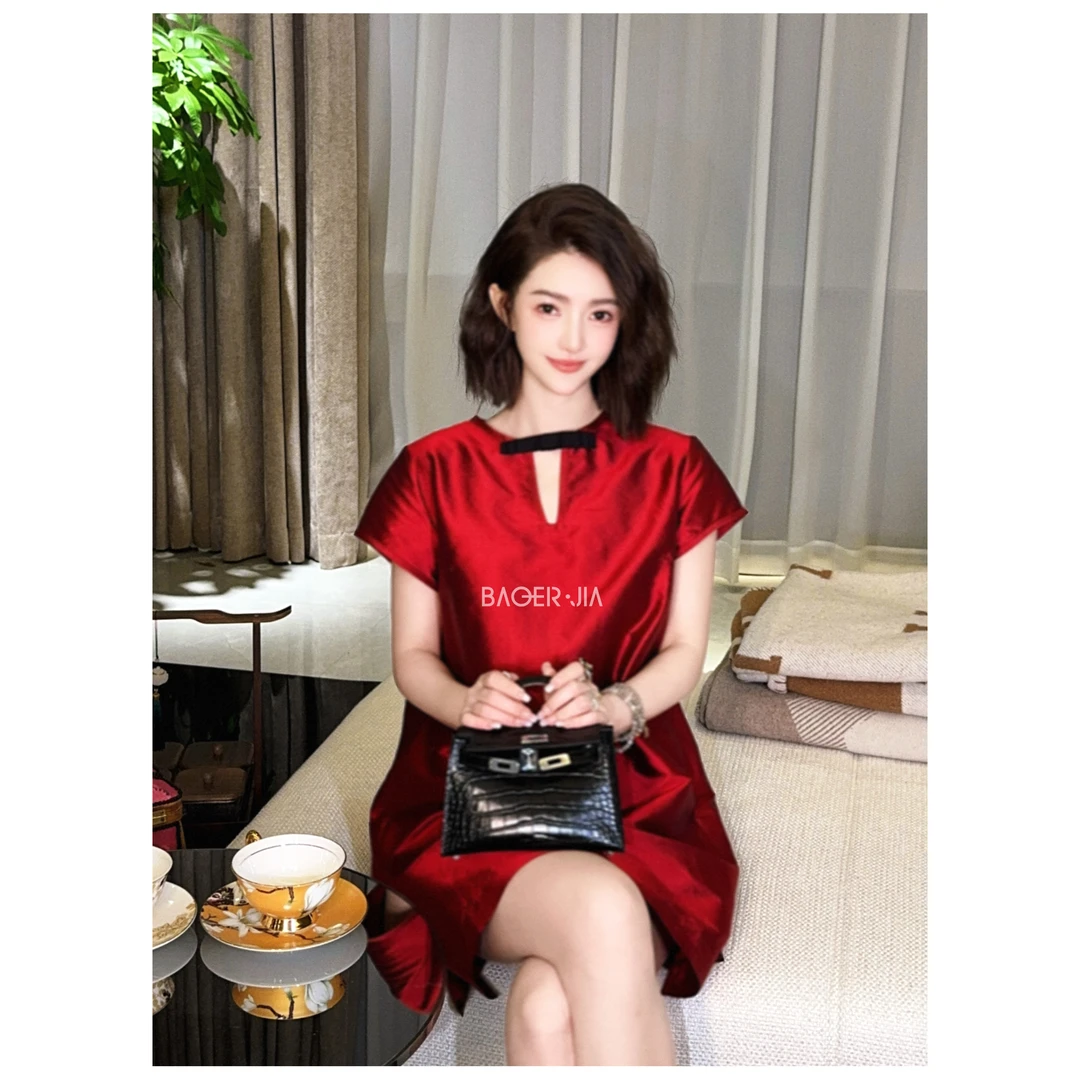 28-【醉红颜】宝儿家含幂BE44525204XQ夏季时尚蝴蝶结桑蚕丝连衣裙