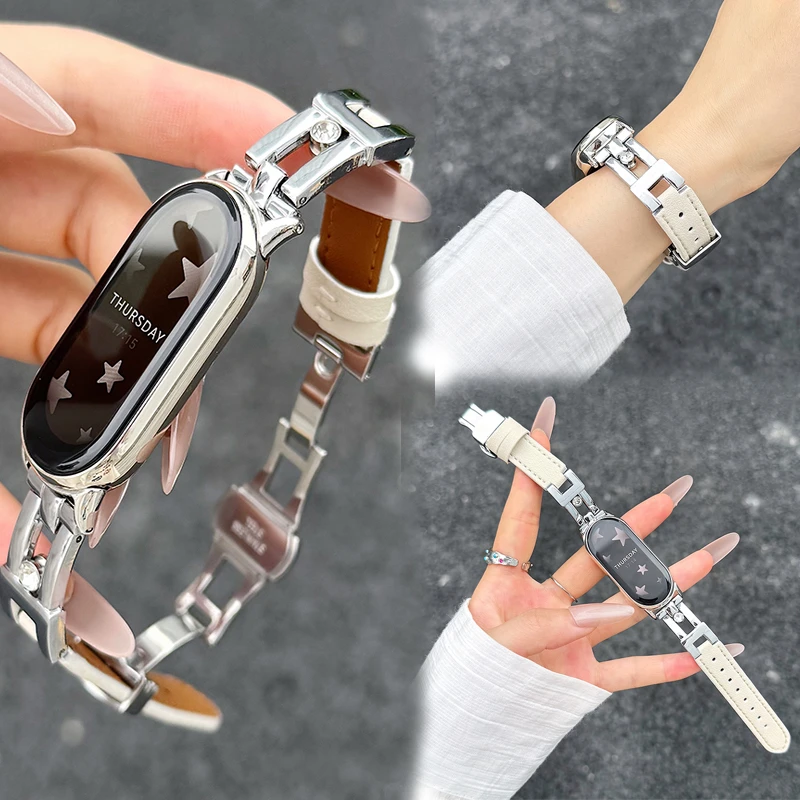 适用小米手环10/9钻石滑轮不锈钢蝴蝶扣陶瓷8nfc版皮质高级感腕带