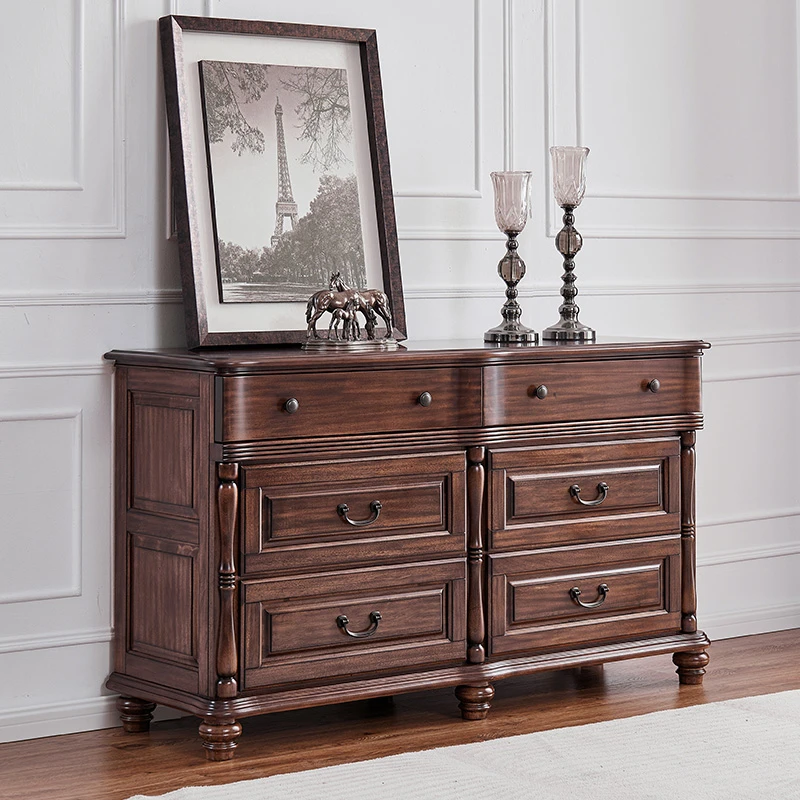 美式乡村实木六斗柜黑胡桃木多功能斗橱卧室长斗柜别墅家具储物柜