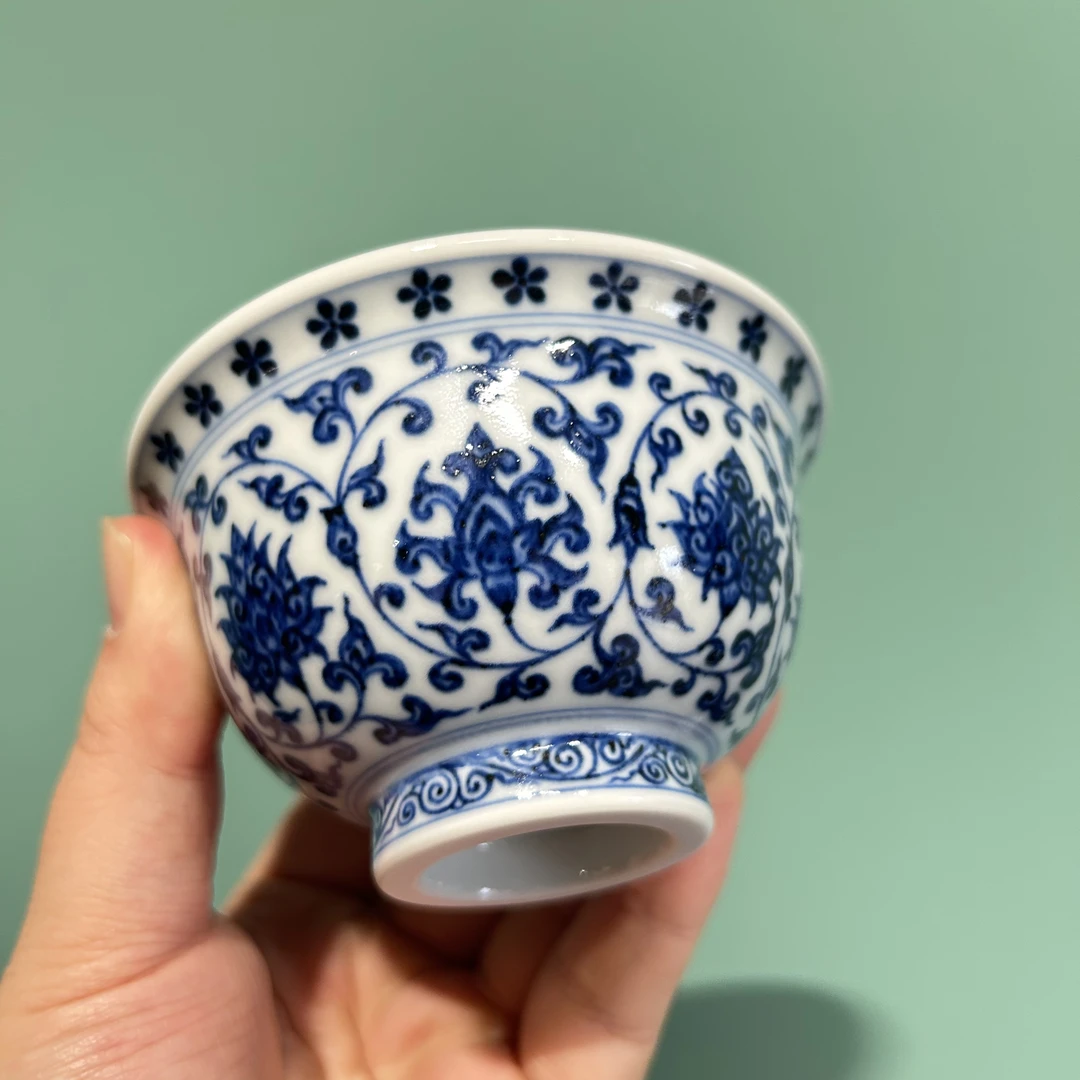 景德镇阳春白雪仿明永乐青花缠枝莲压手杯（高润版）