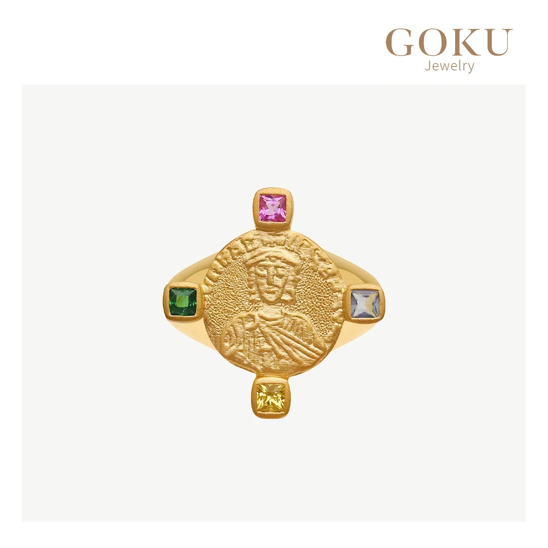 GOKU18K金戒指女金币人头像蓝宝石沙弗莱对戒纯手工复古金戒指