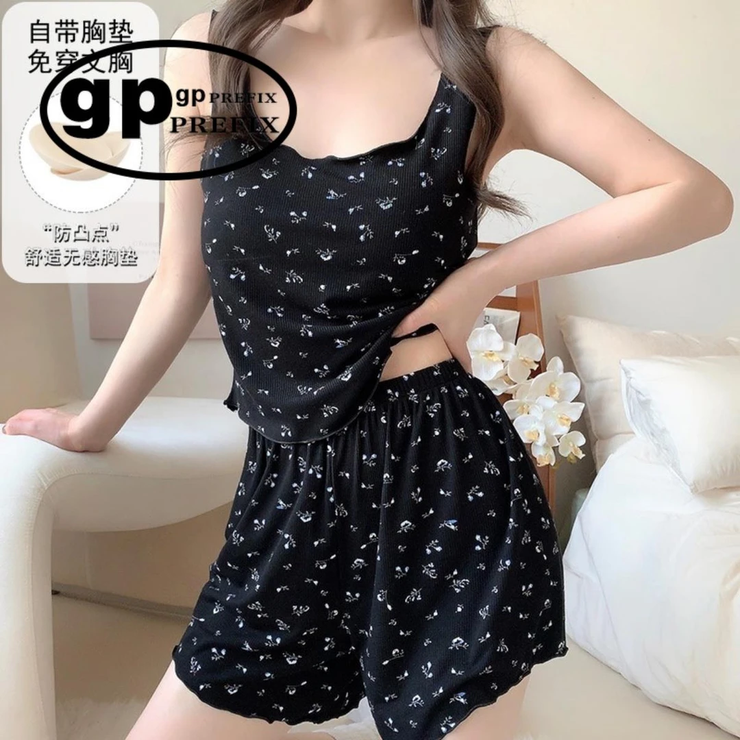 日系小众GP莫代尔带胸垫吊带睡衣女款夏季背心短裤碎花家居服套装