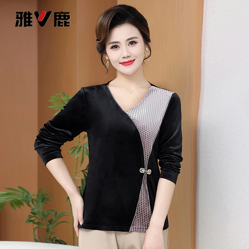 雅鹿优选2025春秋气质拼色长袖金丝绒打底衫中年女妈妈修身显瘦长