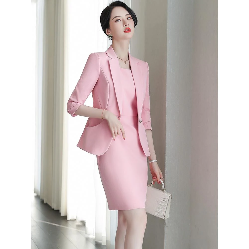 粉色西装外套女秋冬新款主持人正装工作服美容师套装职业西服套裙