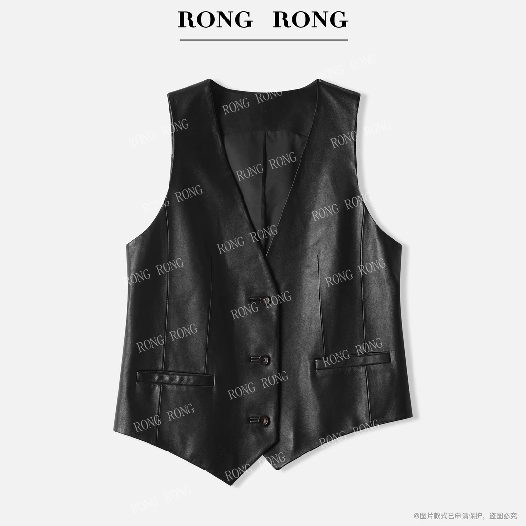 溶溶【漫墨珀光】RONGRONG 100羊皮革高定极简风皮衣马夹WF-25011