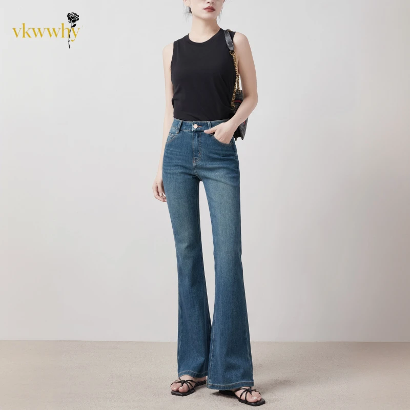 春秋新款高腰微喇牛仔裤女士弹力显瘦小个子喇叭裤修身九分裤子