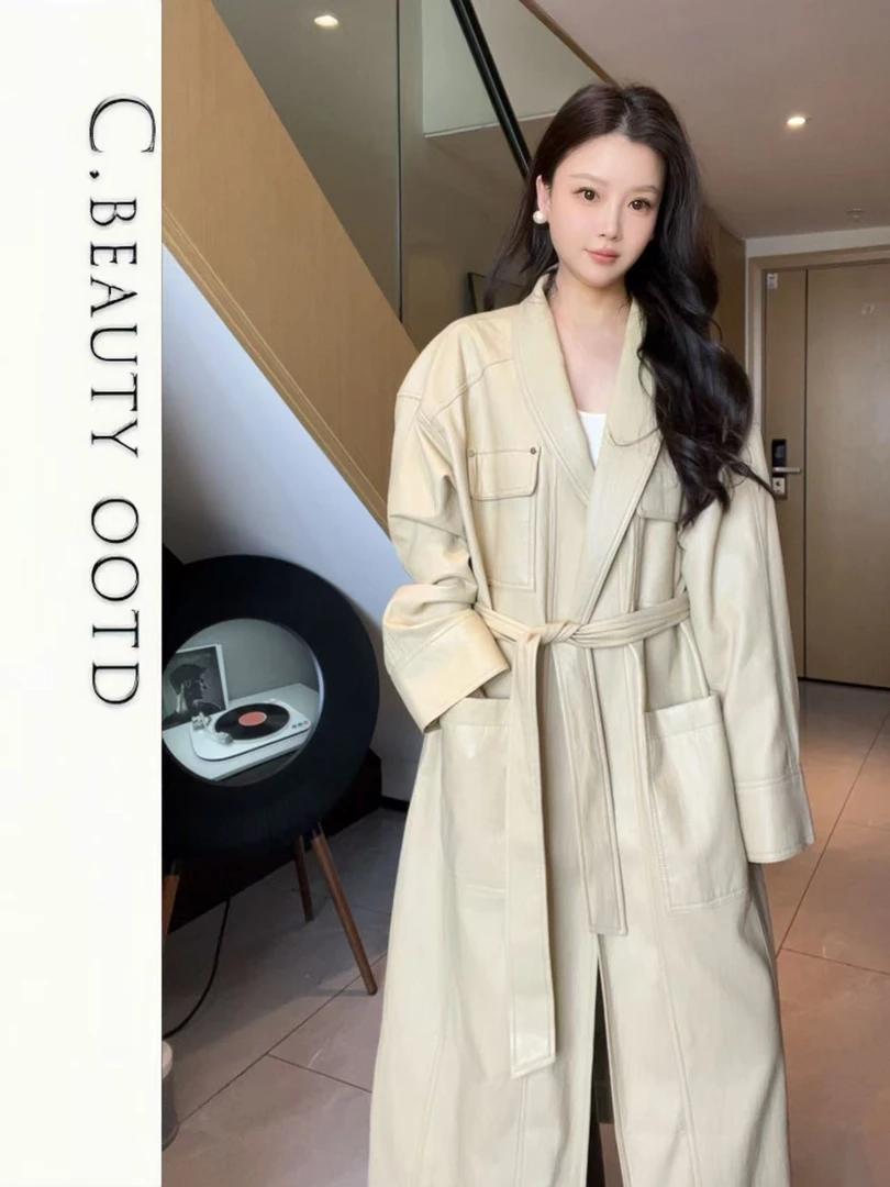 【橙小美丽】新款百搭风衣复古简约立领系带皮衣外套女宽松显瘦上衣