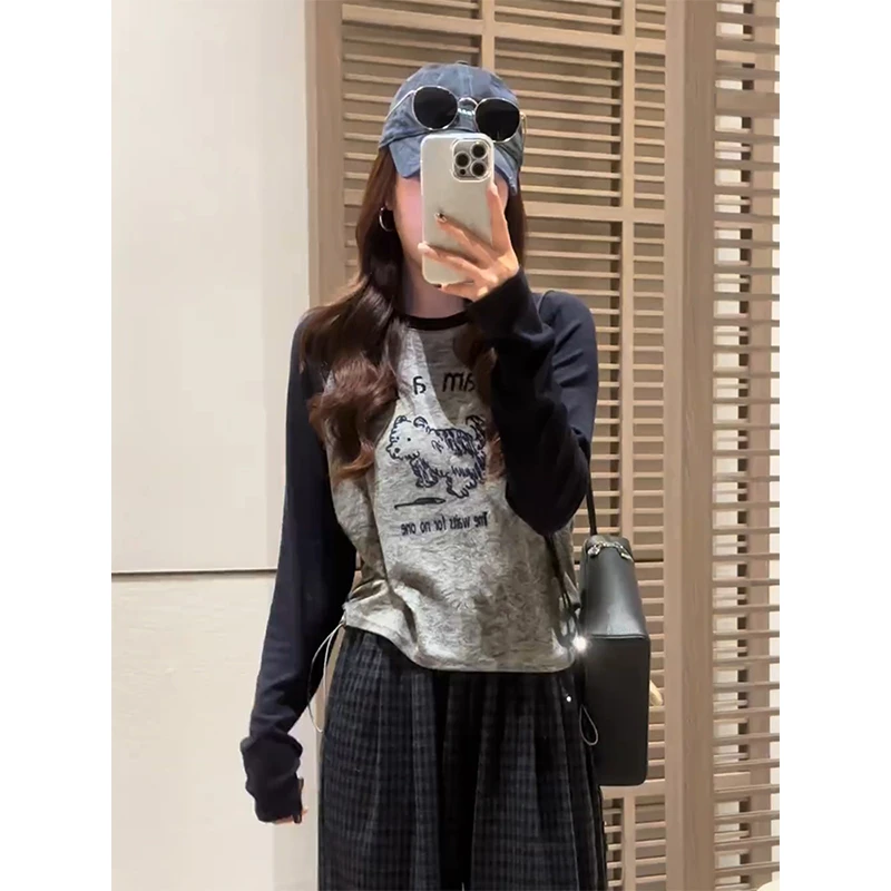 正肩小众撞色插肩长袖t恤女2025新款时尚掐腰修身上衣打底衫秋季