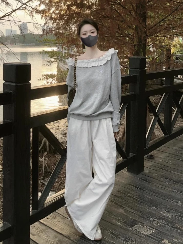 独特超好看单穿韩系慵懒风灰色一字肩长袖卫衣女2025超火新款春季