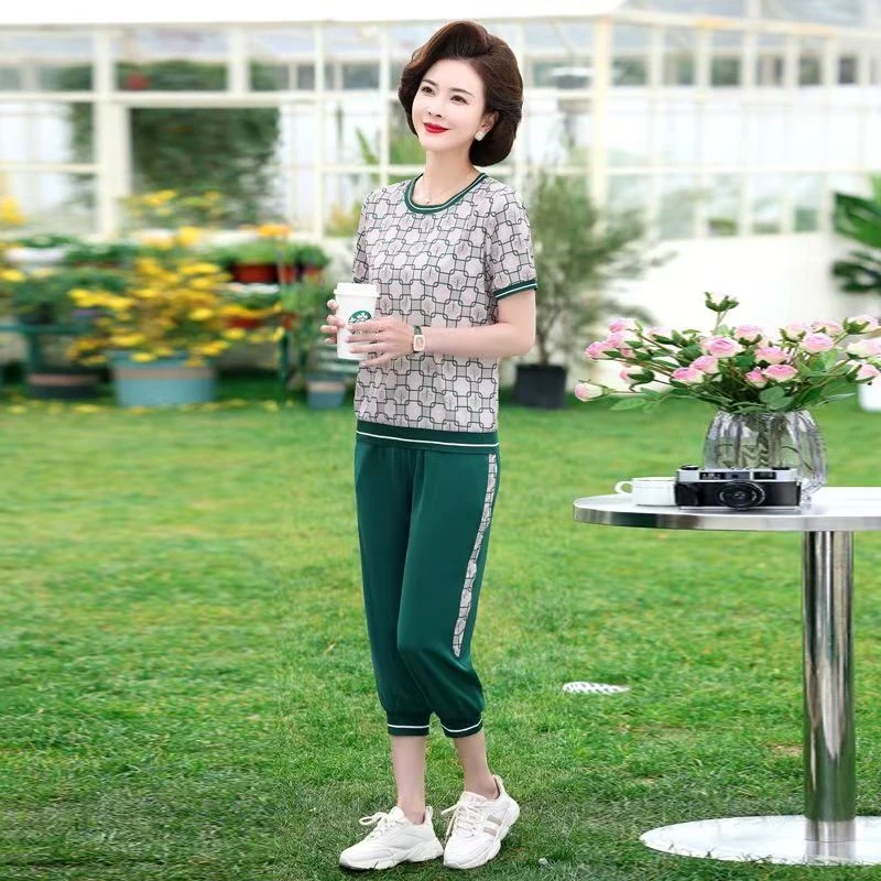 8764-中年妈妈夏季短袖套装中老年休闲运动一套（E仓东）