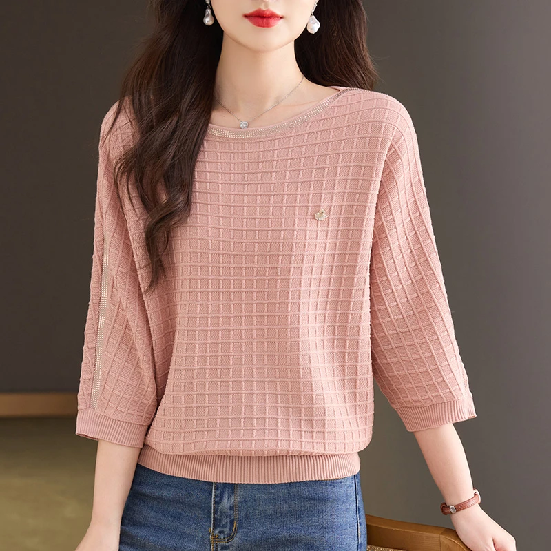 七分袖针织蝙蝠衫女春秋薄款t恤2025新款洋气中袖遮肚打底衫上衣