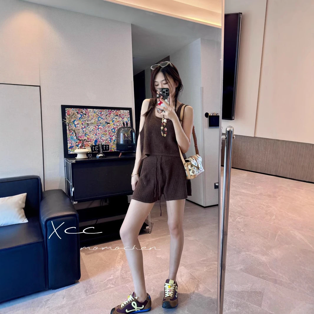 ALO清冷感贵系衣服甜美可爱风格衣服现货ALO华夫格针织背心套装宽