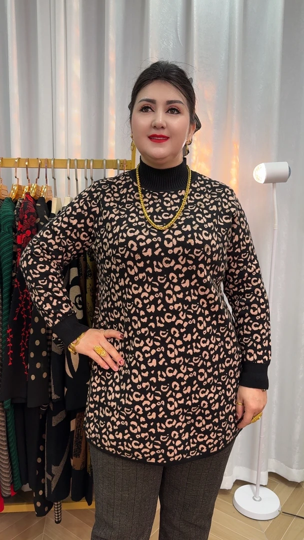 【MeiLiTan】时尚常规针织衫提花圆领印花长袖豹纹高领保暖网红