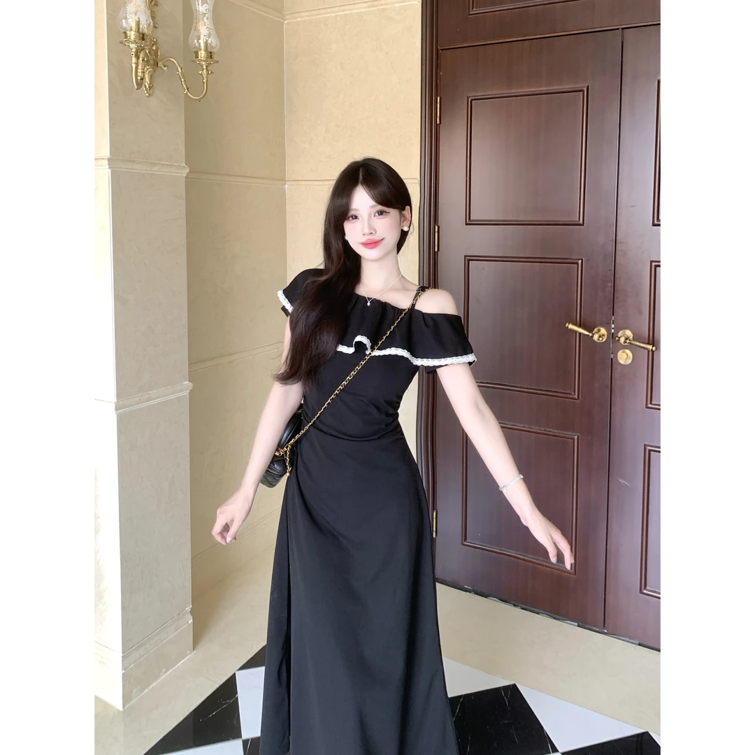 大码胖mm曼妙舞曲2025夏女装气质收腰显瘦时尚长款黑色连衣裙女