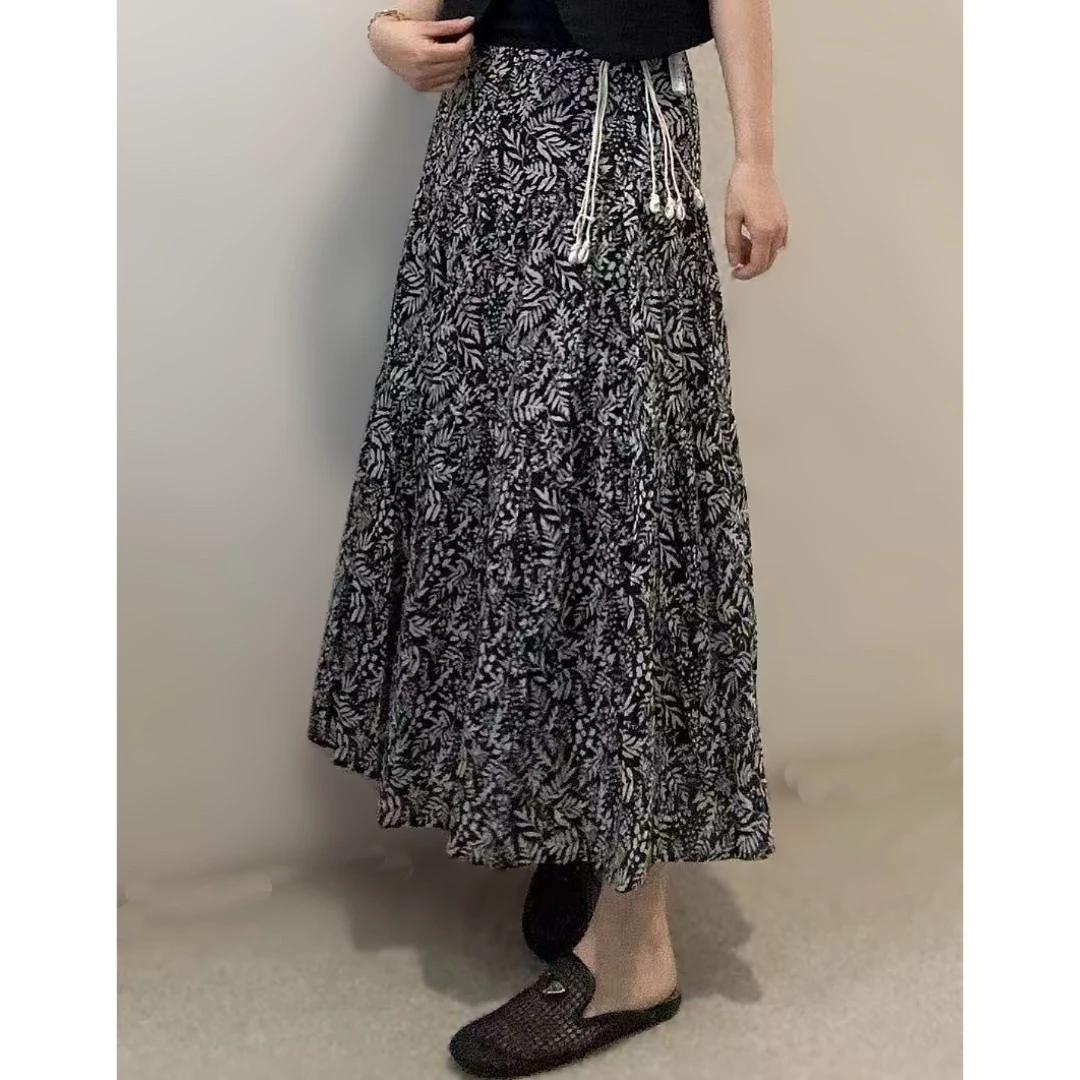 YIYI2025夏季时尚单品  时尚黑白印花A版松紧腰半身裙