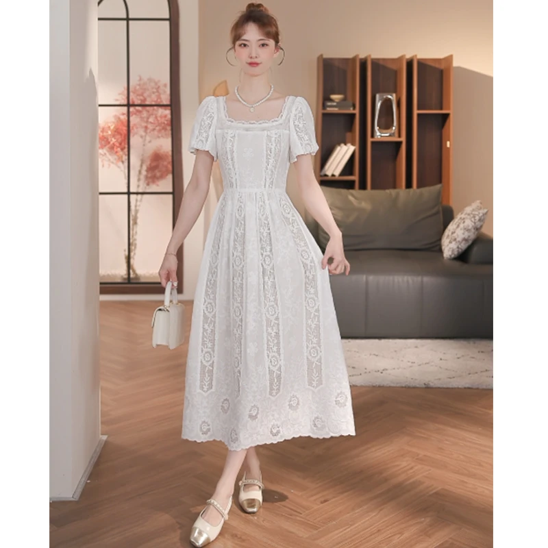 乔琪拉-【怦然心动】夏季新款法式气质优雅设计感白色蕾丝连衣裙女