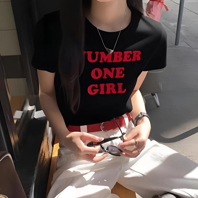 新品黑色正肩短袖印花圆领T恤女夏季休闲百搭显瘦辣妹不漏腰上衣