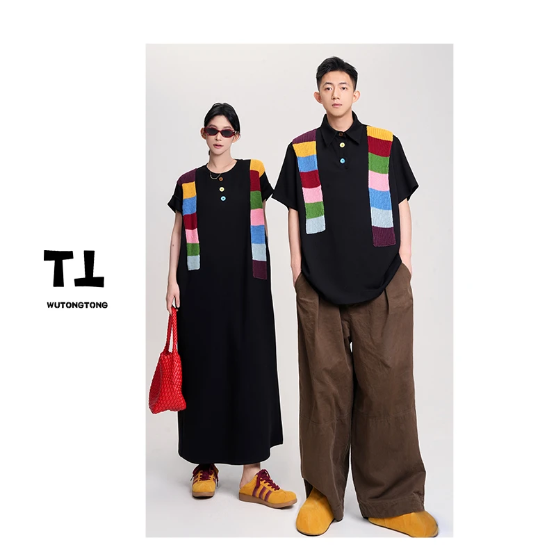 现货【彩虹条纹】夏季时尚长款短袖连衣裙女宽松过膝大版裙62125