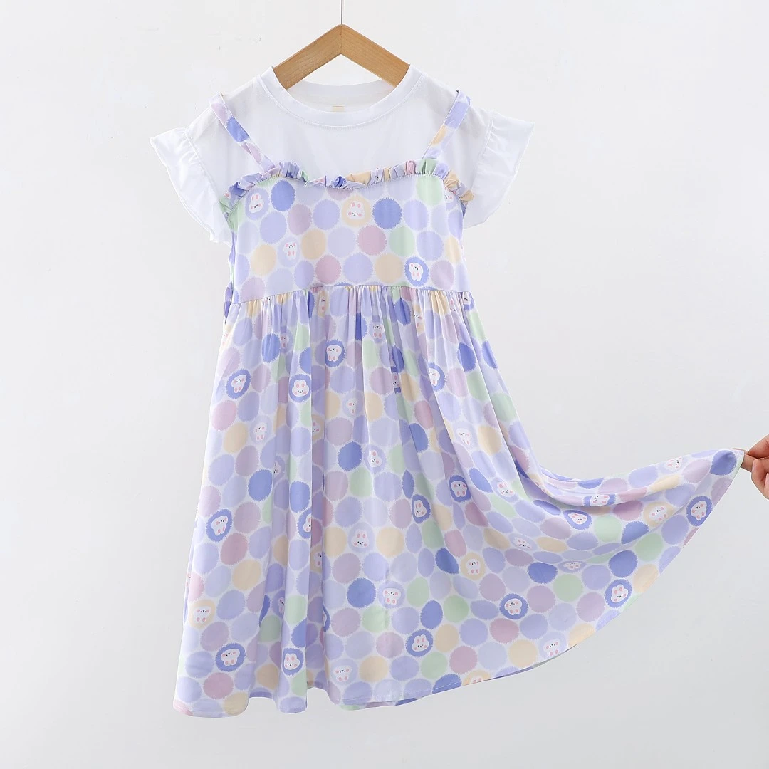 中小童棉绸碎花夏季洋气时尚女童连衣裙休闲风公主裙子夏装飞袖