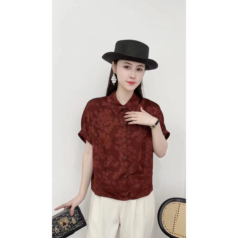 {工厂直营}黑色短袖衬衫女夏季提花翻领气质通勤桑蚕丝上衣A213