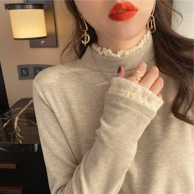 秋冬季新款半高领温柔风蕾丝打底衫女修身内搭高级感长袖T恤上衣