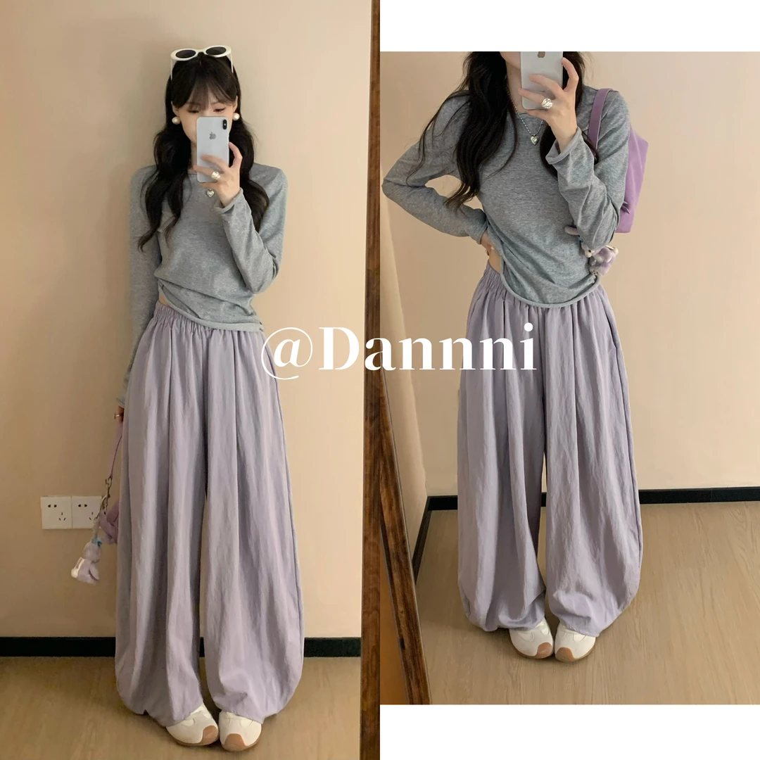 休闲豆荚裤~女士夏季薄款垂感阔腿裤高腰百搭宽松显瘦松紧腰纯色