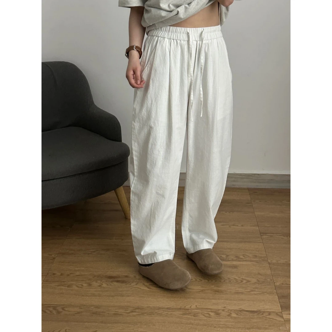 白色棉麻弯刀裤子男秋季慵懒松弛感休闲裤潮牌日系宽松垂感直筒裤