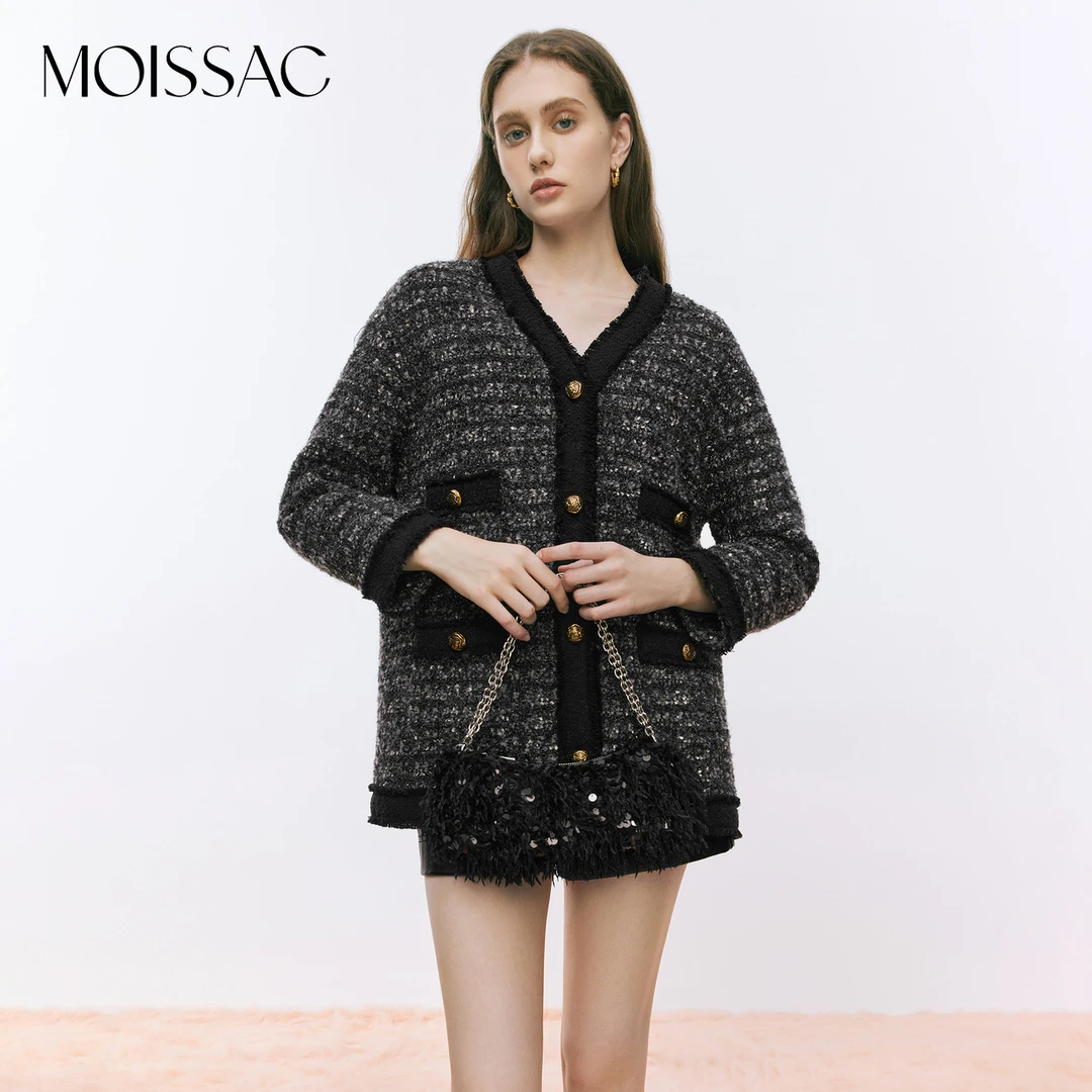 MOISSAC摩萨克2023冬白鸭绒小香风撞色粗花呢羽绒服外套MTDD03208