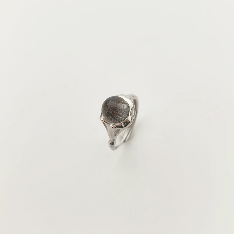 天然水晶 黑银钛顺发戒指开口式 S925银戒托