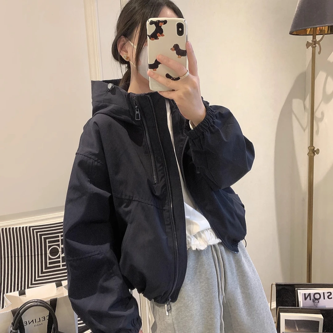 冲锋衣女款新款女装韩版时尚春季短款抽绳连帽洋气百搭外套女上衣