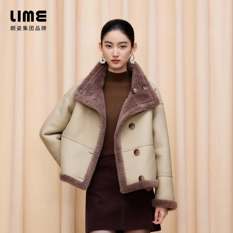 朗姿/莱茵【循迹真我】羊毛翻毛双面穿短大衣深米色LDGD9AFHC802