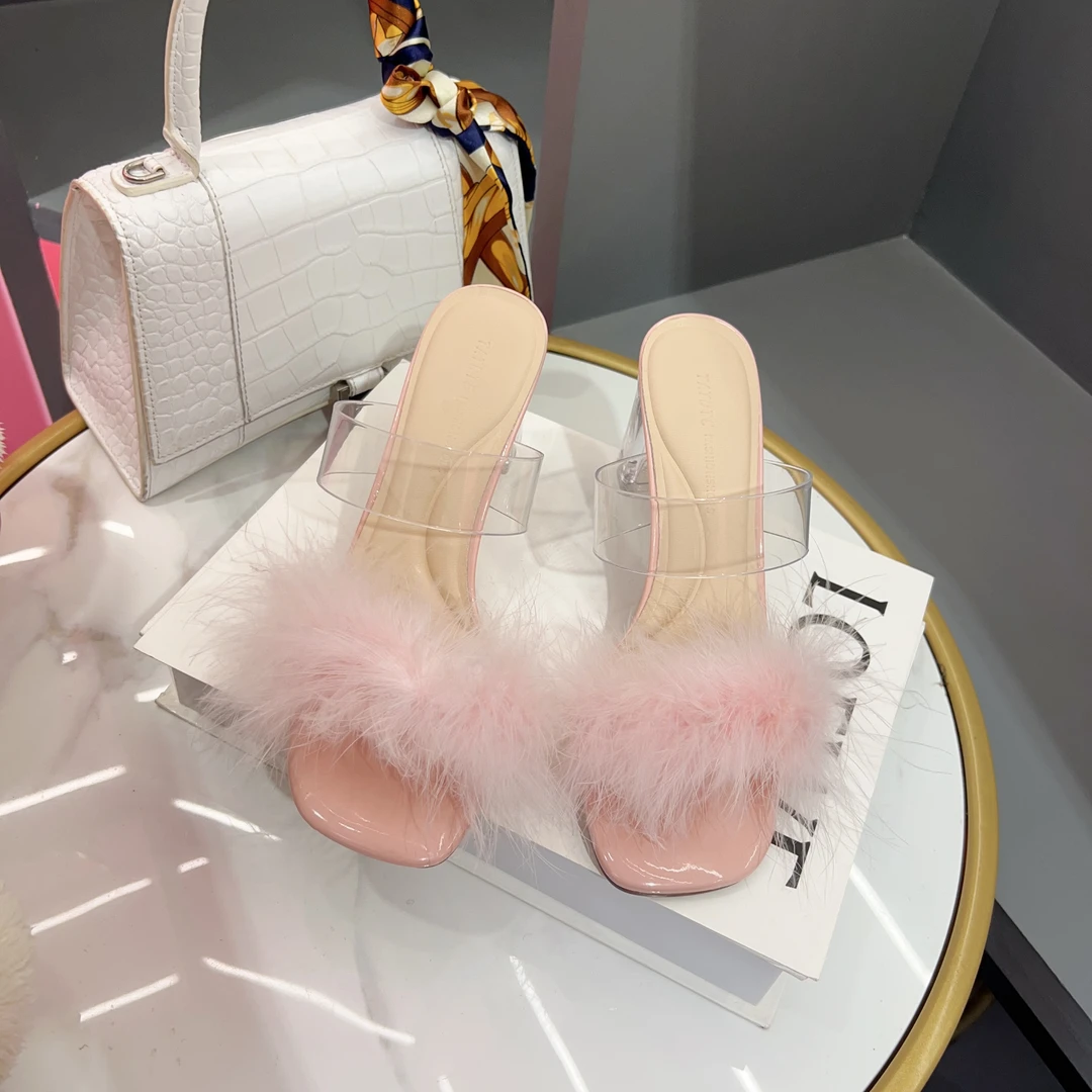 夏季新款透明毛毛拖鞋高跟女简约百搭凉拖2025春季新款011781