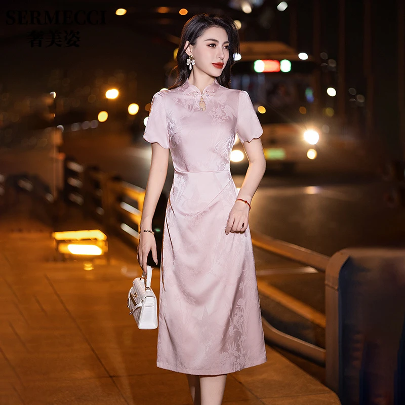 新中式粉色旗袍日常小个子连衣裙轻晚礼服女高端轻奢小众绝美订婚