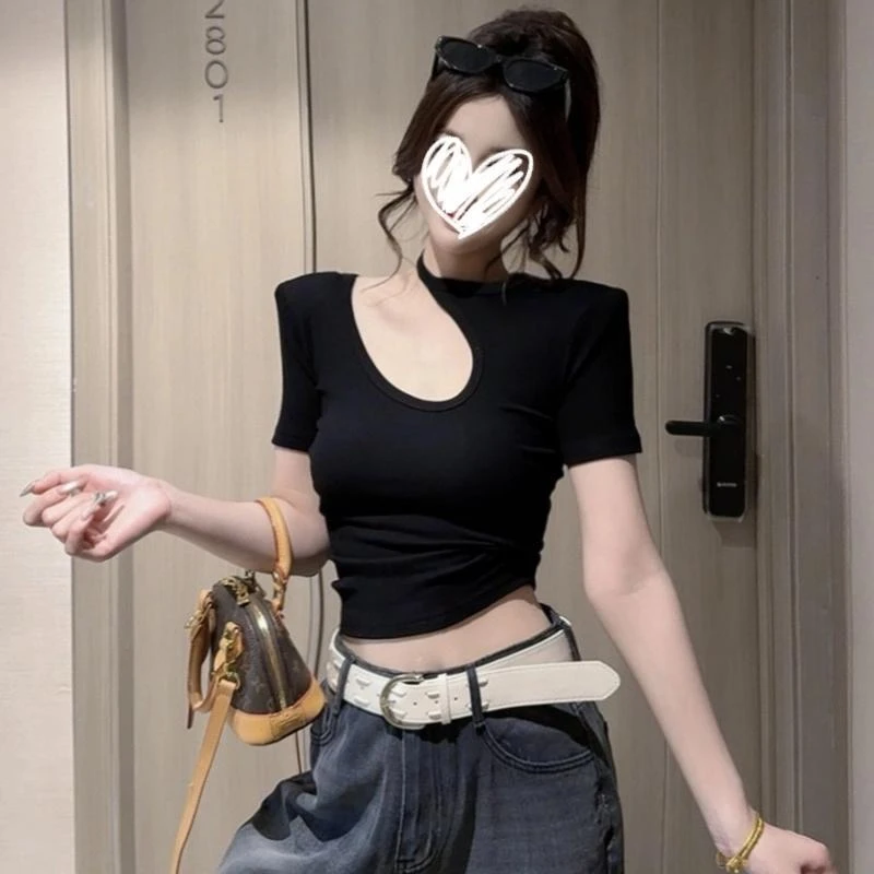 2025年夏季新品时尚百搭显瘦设计感漏单肩挂脖修身短袖女上衣