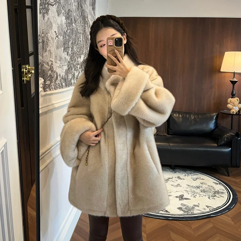 2025冬季新款韩版立领挽袖中古双色毛绒外套女人造皮草